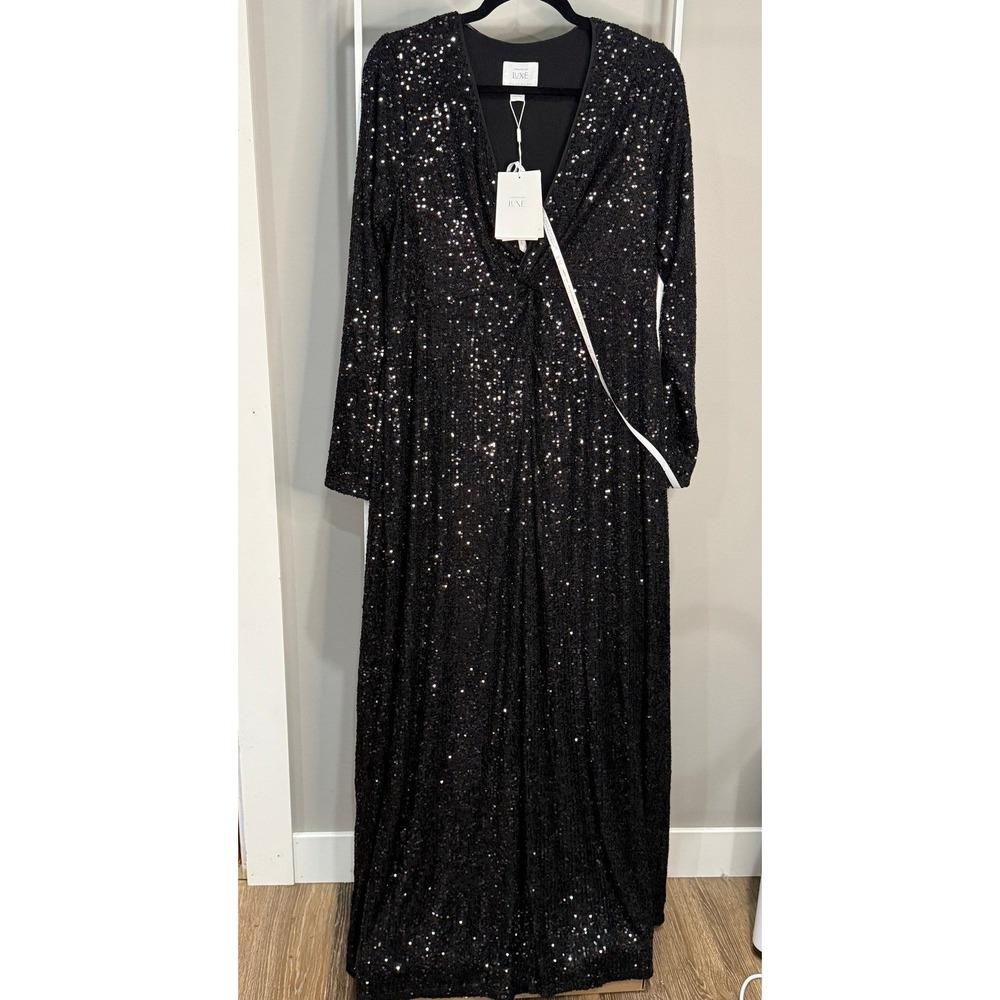 Seraphine Luxe Black Sequin Maternity Maxi Dress Long Sleeve V-Neck Gown Size 12